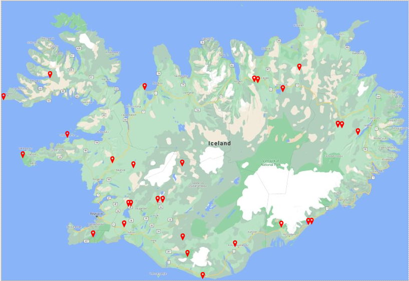 Hér má sjá þá 24 staði þar teljararnir eru eða verða staðsettir.