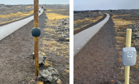 Hér má sjá annars vegar nýja teljarann (til vinstri) og hins vegar þann gamla á gönguleiðinni að Brúnni á milli heimsálfa á Reykjanesi.